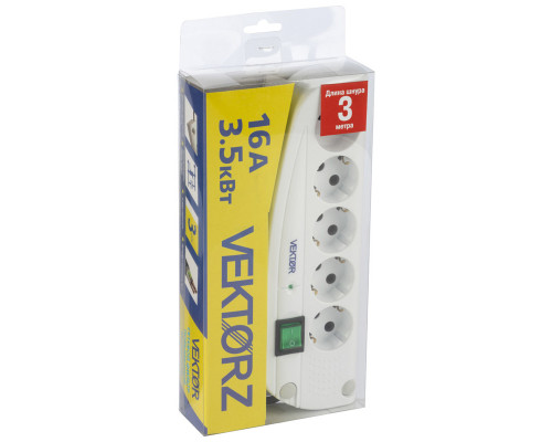 Фильтр сетевой (003629) VEKTOR Z 3м/4+1роз. пластик бел.