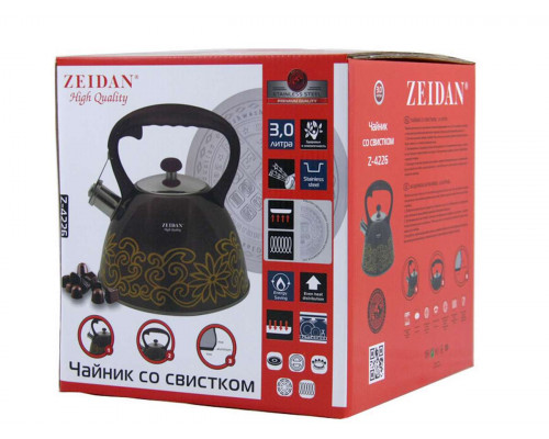 Чайник Zeidan Z-4226 3л сталь свисток чёрный