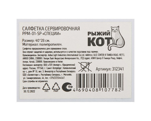 Салфетка сервировочная PPM-01SP(312341) Рыжий кот "Специи" 40х28см. пластик