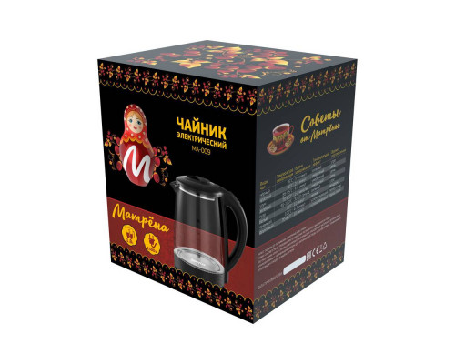 Чайник электрический МАТРЁНА МА-009 черный стекло диск 2 л 1500 Вт