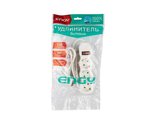 Удлинитель с выкл. (186668, 186730) Engy "Гранд" 2м/3роз. с зазем. пластик бел.
