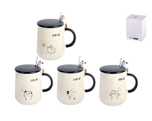 Кружка KR695 КОРАЛЛ "Милый кот" 4 диз. с крыш. и ложк. 0,42л стекло