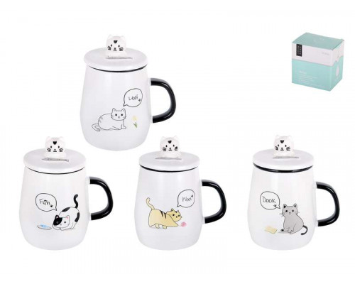Кружка KR690 КОРАЛЛ "Кис-кис" с крыш. и ложк. 0,48л керам. бел.