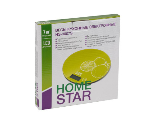 Весы кухон. электр. HS-3007S(003043) Homestar "Лайм" м. вес-7кг. стекло салатовый