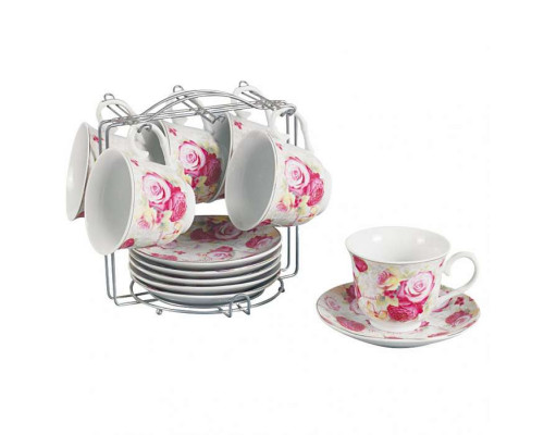 Чайный сервиз Ф5-021К/12 "Розовые розы" на мет. подст. 12пр. керам. бел.