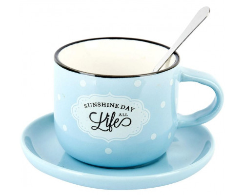 Чашка с блюдцем и ложкой 1760185-6 "Sunshine day" 180 мл. голуб.
