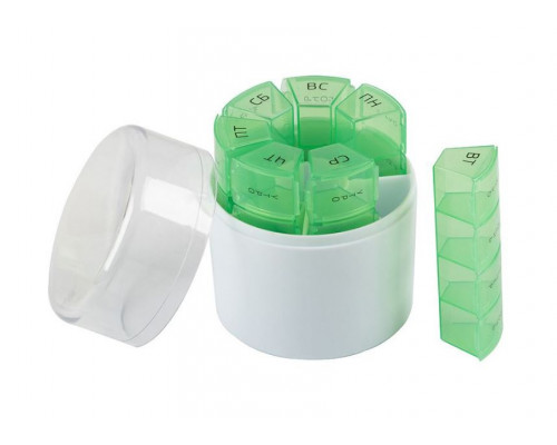 Таблетница ECOS на 7 дней цилиндр 104326 8,8x8,8x10см 28 секции пластик белый/зелёный