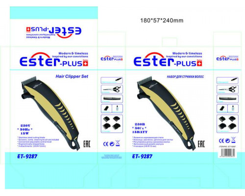 Машинка для стрижки волос Ester Plus ET-9287 4 насад. 3-12мм от сети пластик/нерж сталь чёрный/жёлты