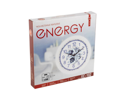 Часы настен. EC-102(009475) Energy d-27,5см кругл. бел-голуб. "Гжель" пластик