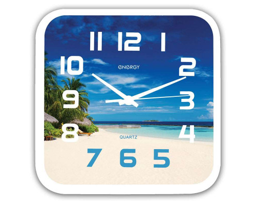 Часы настен. EC-99(009472) Energy d-24,5см квадрат. бел. "Пляж"
