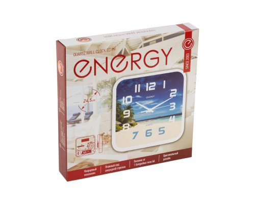 Часы настен. EC-99(009472) Energy d-24,5см квадрат. бел. "Пляж"