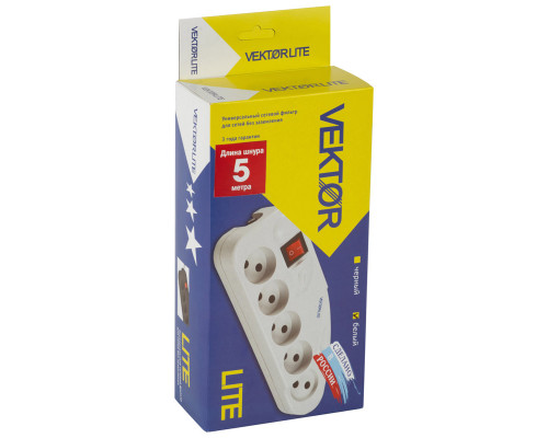Фильтр сетевой (002697) VEKTOR LITE 5м/5роз. пластик бел.