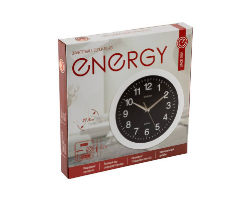 Часы настен. EC-03(009303) Energy d-27,5см кругл. черн. -бел. пластик