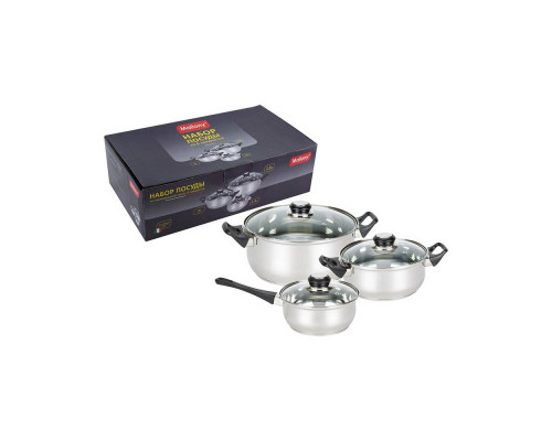 Набор посуды из 6 предметов BAKS-SET-6 из нерж стали (2 кастр+ковш) с крышками: 2,0/2,8 л+1,4л)