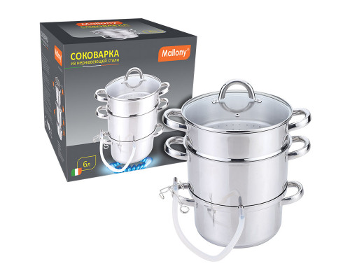 Соковарка из нерж стали MAL-JUICER-1, объем 6 л, 3 чаши, стекл крышка с пароотводом, зерк полир