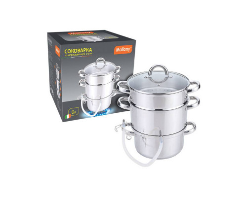 Соковарка из нерж стали MAL-JUICER-1, объем 6 л, 3 чаши, стекл крышка с пароотводом, зерк полир