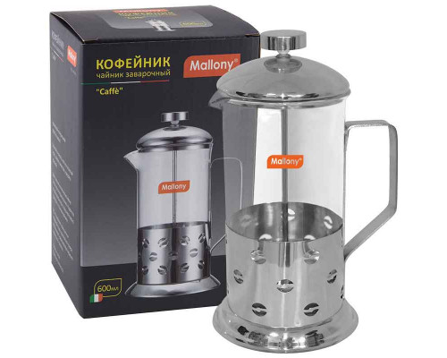 Френч-пресс (кофе-пресс) Caffe, 600 мл, из жаропр стекла, в корпусе из нерж стали, B535-600ML