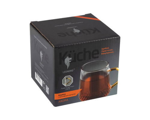 Кружка AROMA 435 мл из боросиликатного стекла с рельефным корпусом, с ручкой из цветного стекла
