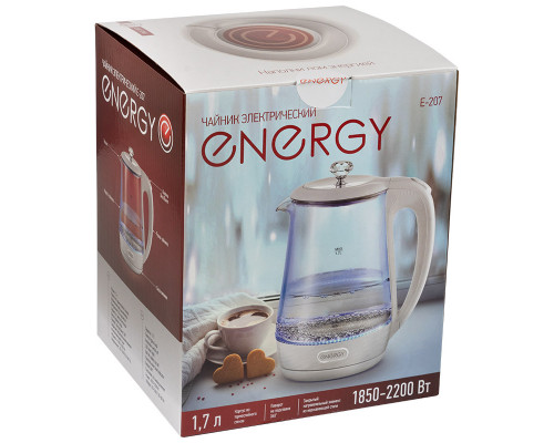 Чайник Energy E-207 (1,7 л), стекло, пластик, цвет белый