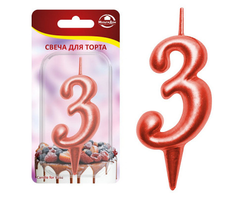 Свеча для торта "Овал" цифра 3 (красный), 8х4х1,2 см.