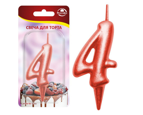 Свеча для торта "Овал" цифра 4 (красный), 8х4х1,2 см.