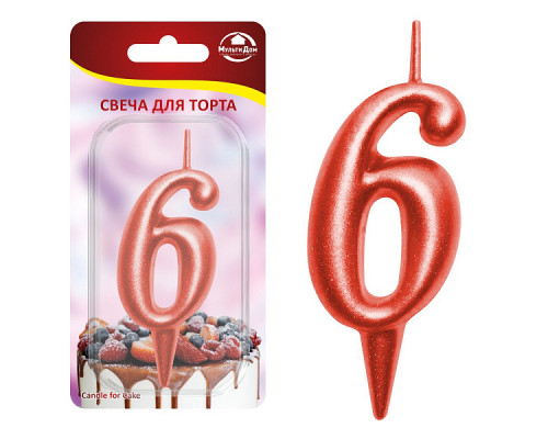 Свеча для торта "Овал" цифра 6 (красный), 8х4х1,2 см.