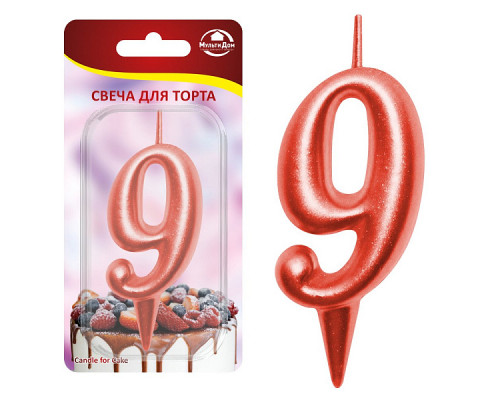 Свеча для торта "Овал" цифра 9 (красный), 8х4х1,2 см.
