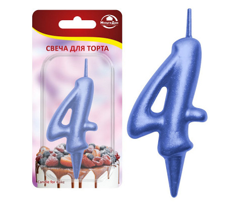 Свеча для торта "Овал" цифра 4 (синий), 8х4х1,2 см.