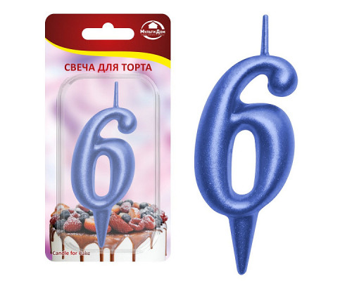 Свеча для торта "Овал" цифра 6 (синий), 8х4х1,2 см.