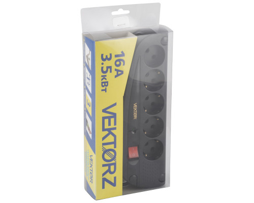 Фильтр сетевой VEKTOR Z, 4 роз. c/з, + 1 роз б/з,  5,0м (3,5кВт, 16А), черный