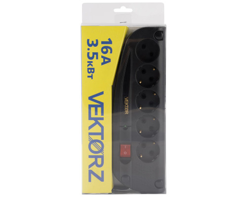 Фильтр сетевой VEKTOR Z, 4 роз. c/з, + 1 роз б/з,  5,0м (3,5кВт, 16А), черный