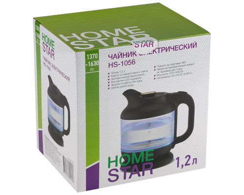 Чайник HomeStar HS-1056 (1,2 л), стекло, пластик, черный