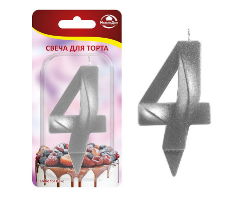 Свеча для торта "Грань" цифра 4 (хром), 8,7х4,3х1,2 см.