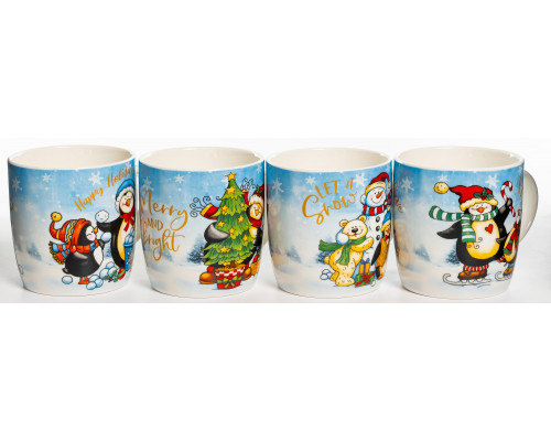 ПИНГВИНЫ, кружка 380мл, МИКС 4 ДЕКОРА, NEW BONE CHINA, упаковка - гофрокороб
