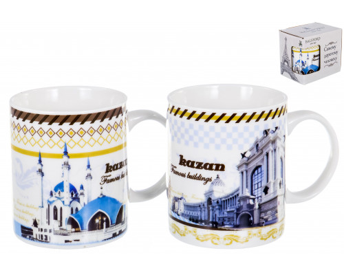 ГОРОДА Казань, кружка 340мл, NEW BONE CHINA, микс 2 декора КАЗАНЬ, подарочная упаковка