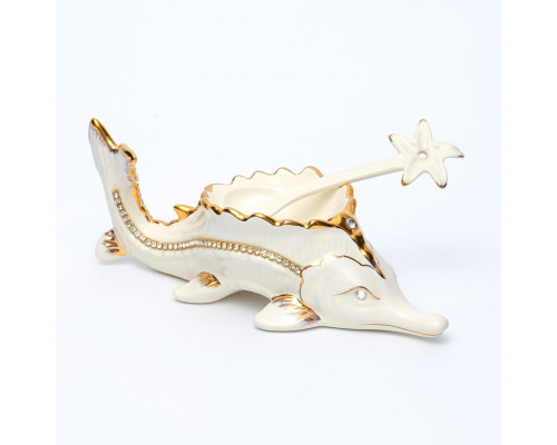 HOME ART, икорница 250мм с ложкой, NEW BONE CHINA, декор белый + золото, белая упаковка