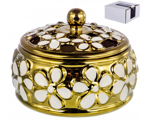 HOME ART, шкатулка 12,5х12,5х10см, объем 400мл, NEW BONE CHINA, декор белый + золото CLUB, белая упаковка