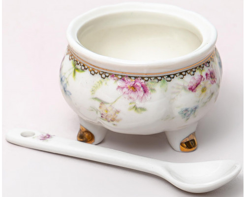 ФРАНСУАЗА, баночка для джема 60мм 50мл с ложкой, NEW BONE CHINA, цветная упаковка