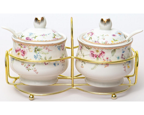 ФРАНСУАЗА, набор 2 сахарницы 300мл с ложками на метал.подставке,  NEW BONE CHINA, цветная упаковка