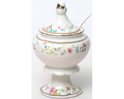 ТЕОДОРА, сахарница 300мл на ножке с ложкой, NEW BONE CHINA, цветная упаковка