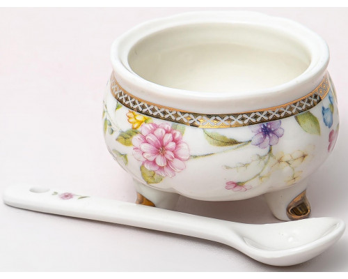 ТЕОДОРА, баночка для джема 60мм 50мл с ложкой, NEW BONE CHINA, цветная упаковка