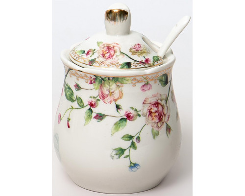 СТЕФАНИЯ, баночка д/меда 320мл с/крышкой и ложкой, NEW BONE CHINA, цветная упаковка