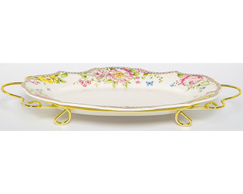 МЭРИДИТ, блюдо овальное 305мм на метал.подставке,  NEW BONE CHINA, цветная упаковка