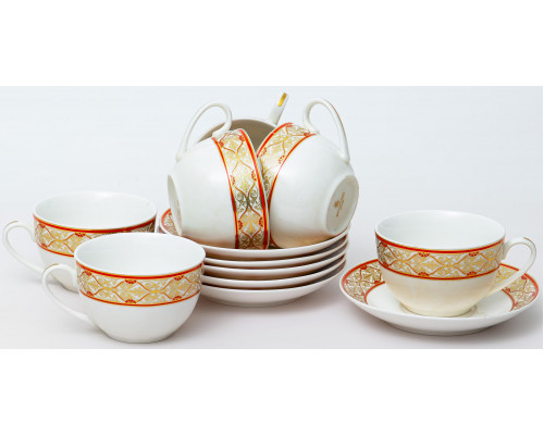 ЭСТЕЛЛА, набор чайный (12) 6 чашек 250мл + 6 блюдец, NEW BONE CHINA, цветной дизайн с золотом, подарочная упаковка