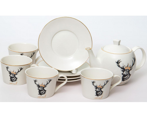 NATURE, набор чайный 9 предметов (4 чашки 220мл + 4 блюдца + чайник 600мл), NEW BONE CHINA, подарочная упаковка