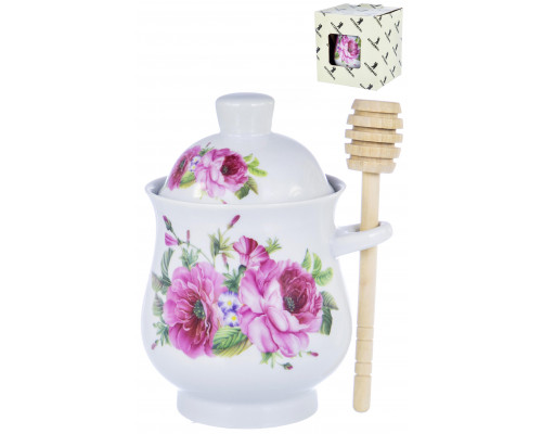PARTY TIME, баночка (диам.90 х выс.140мм) для меда с деревянной ложкой, NEW BONE CHINA, цветочный декор, цветная упаковка