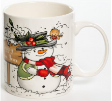 СНЕГОВИК, кружка 350мл, красные ягоды, NEW BONE CHINA, упаковка - гофрокороб