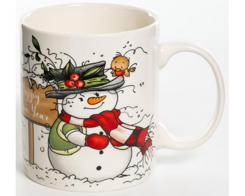 СНЕГОВИК, кружка 350мл, красные ягоды, NEW BONE CHINA, упаковка - гофрокороб