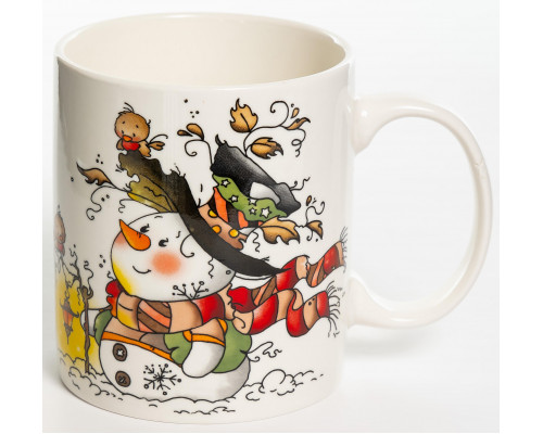 СНЕГОВИК, кружка 350мл, рваная шапка, NEW BONE CHINA, упаковка - гофрокороб