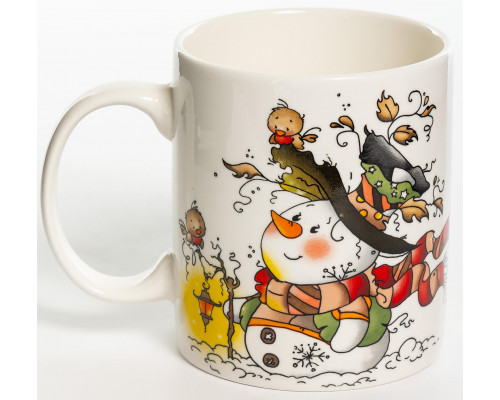 СНЕГОВИК, кружка 350мл, рваная шапка, NEW BONE CHINA, упаковка - гофрокороб